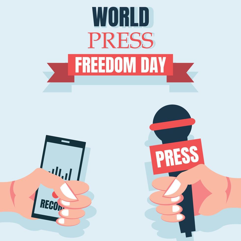 Illustrationsvektorgrafik der Hand, die Mikrofon und Smartphone trägt, perfekt für Welttag der Pressefreiheit, Feiern, Feiertage, Grußkarten usw. vektor