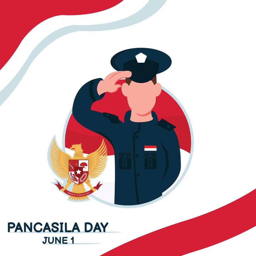 illustration vektorgrafik av en soldat som hälsar flaggan, visar symbolen för garuda pancasila, perfekt för pancasila dag, fira, nation, gratulationskort, etc. vektor