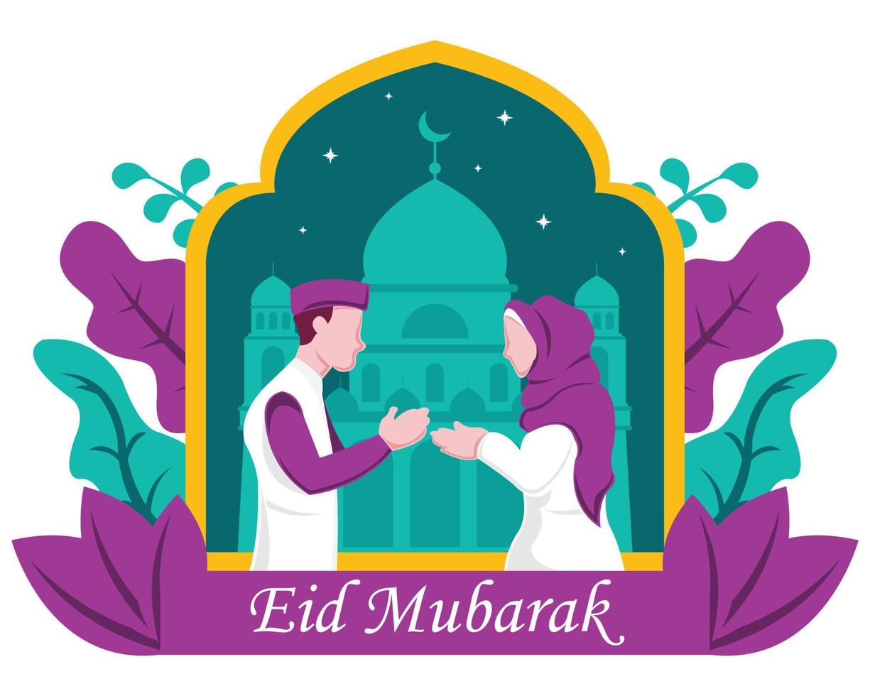 Illustrationsvektorgrafik eines muslimischen Paares, das sich die Hände schüttelt, Moschee und Pflanzen im Hintergrund zeigt, perfekt für Religion, Urlaub, Kultur, Tradition, Grußkarte usw. vektor