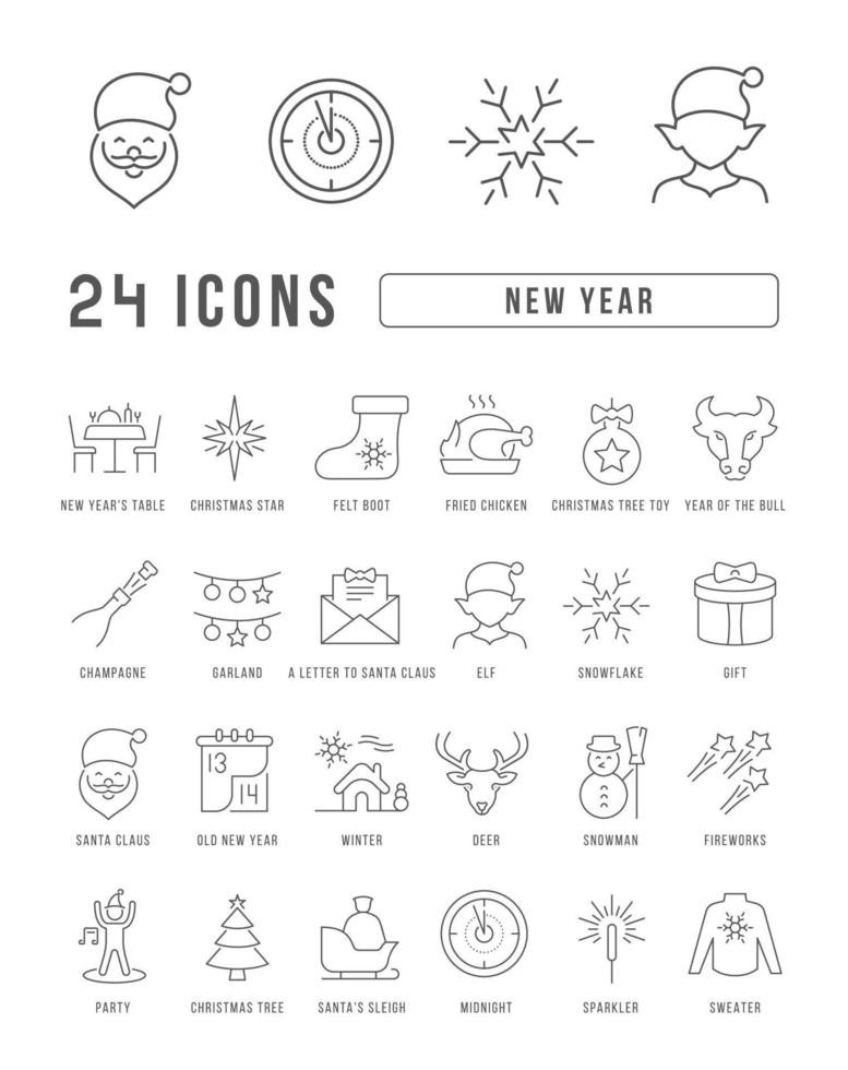 uppsättning linjära ikoner för det nya året vektor
