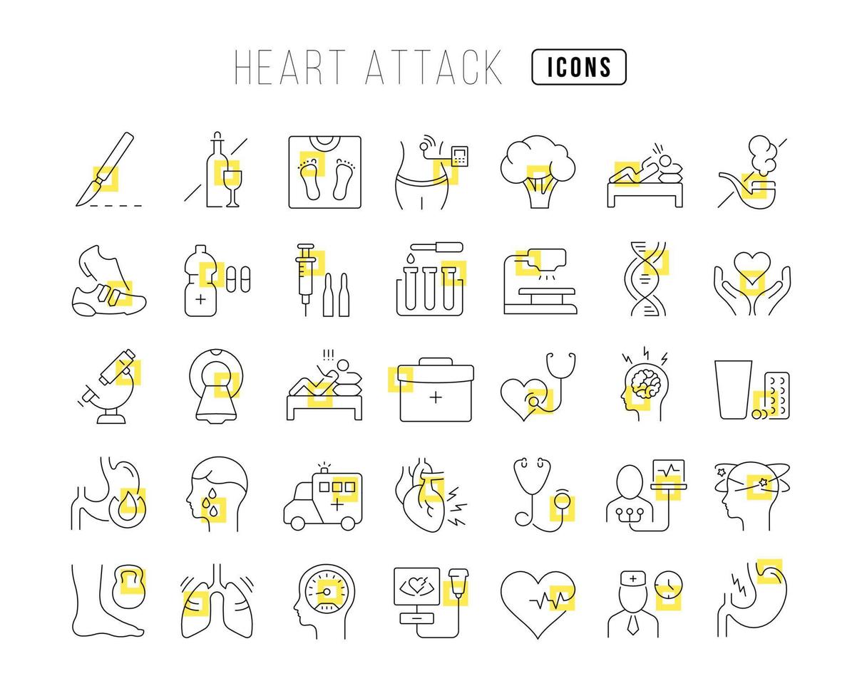 uppsättning linjära ikoner för hjärtinfarkt vektor
