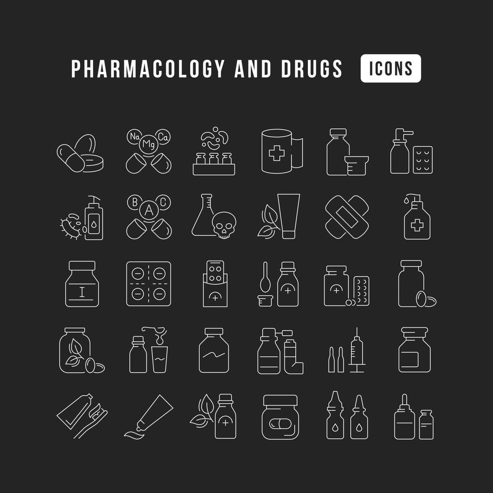 Reihe von linearen Symbolen für Pharmakologie und Medikamente vektor