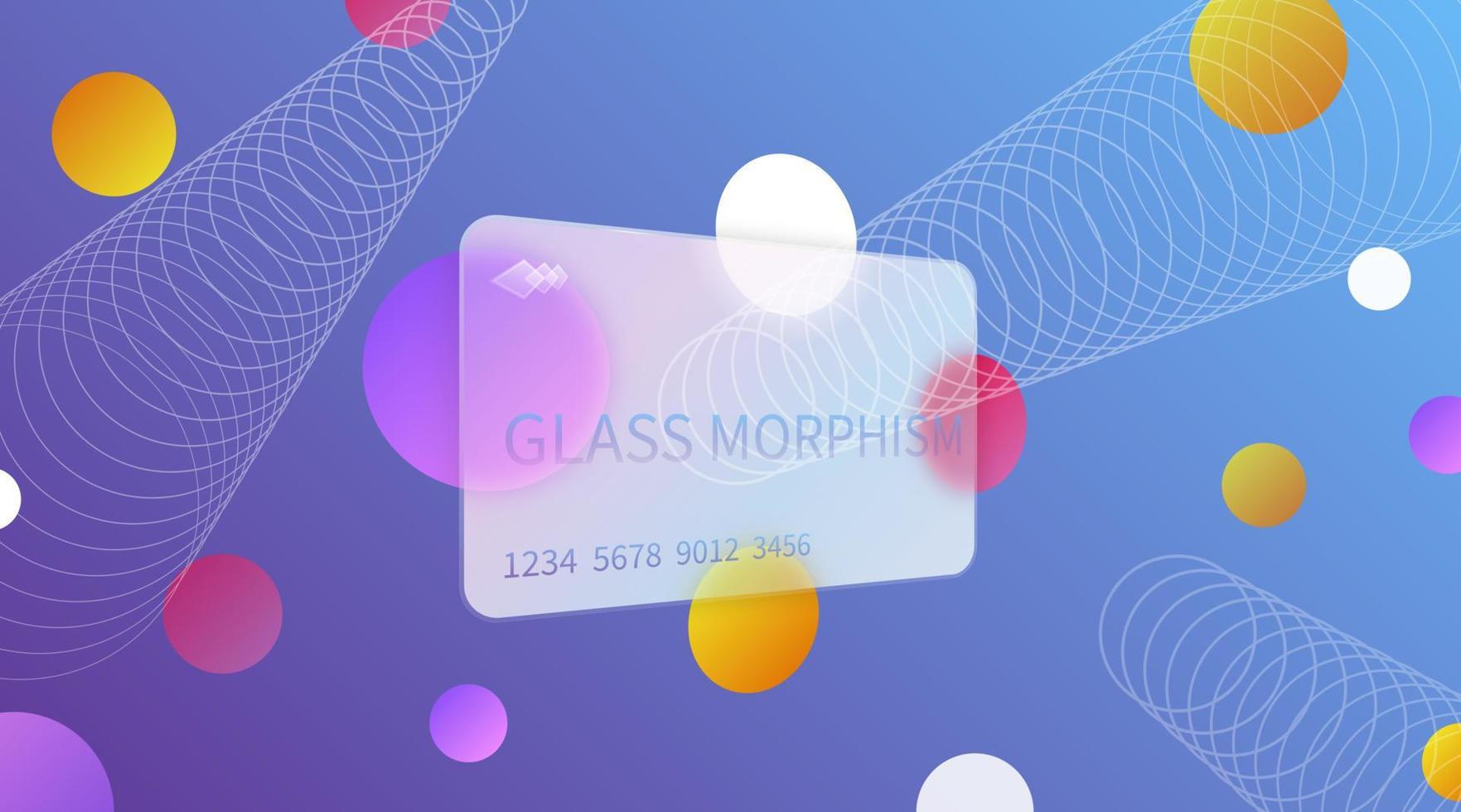 Glasmorphismus-Effekt. transparente mattierte Acrylkarte. Farbverlaufskreise auf blauem Hintergrund. realistischer Glasmorphismus, mattes Plexiglas, Rechteck, perspektivische Verzerrungsform. Vektor