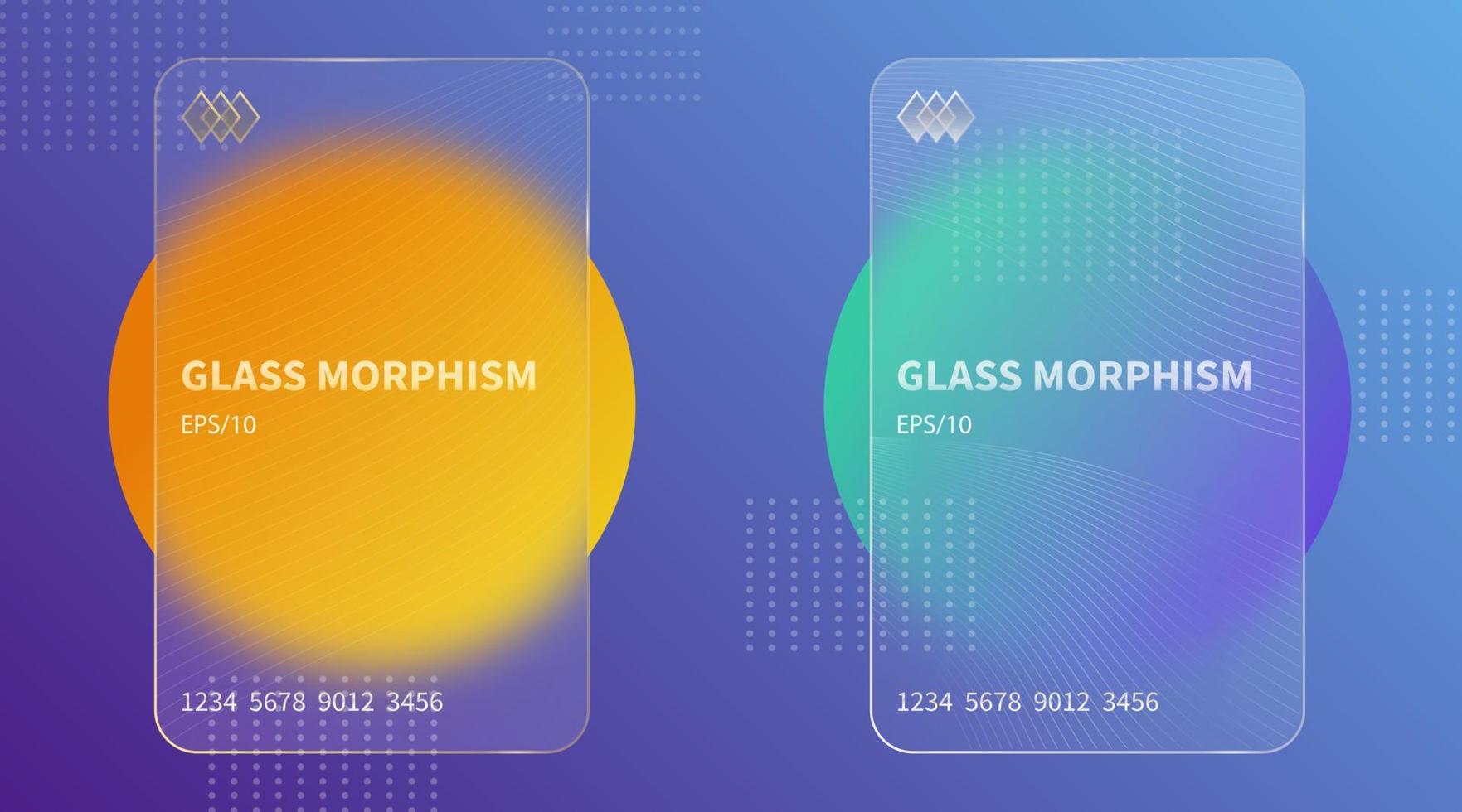 Glasmorphismus-Effekt. Bankkarten aus transparentem mattiertem Acryl. orange gelbe Gradientenkreise auf violettblauem Hintergrund. realistische glasmorphismus matte plexiglasform. Vektor