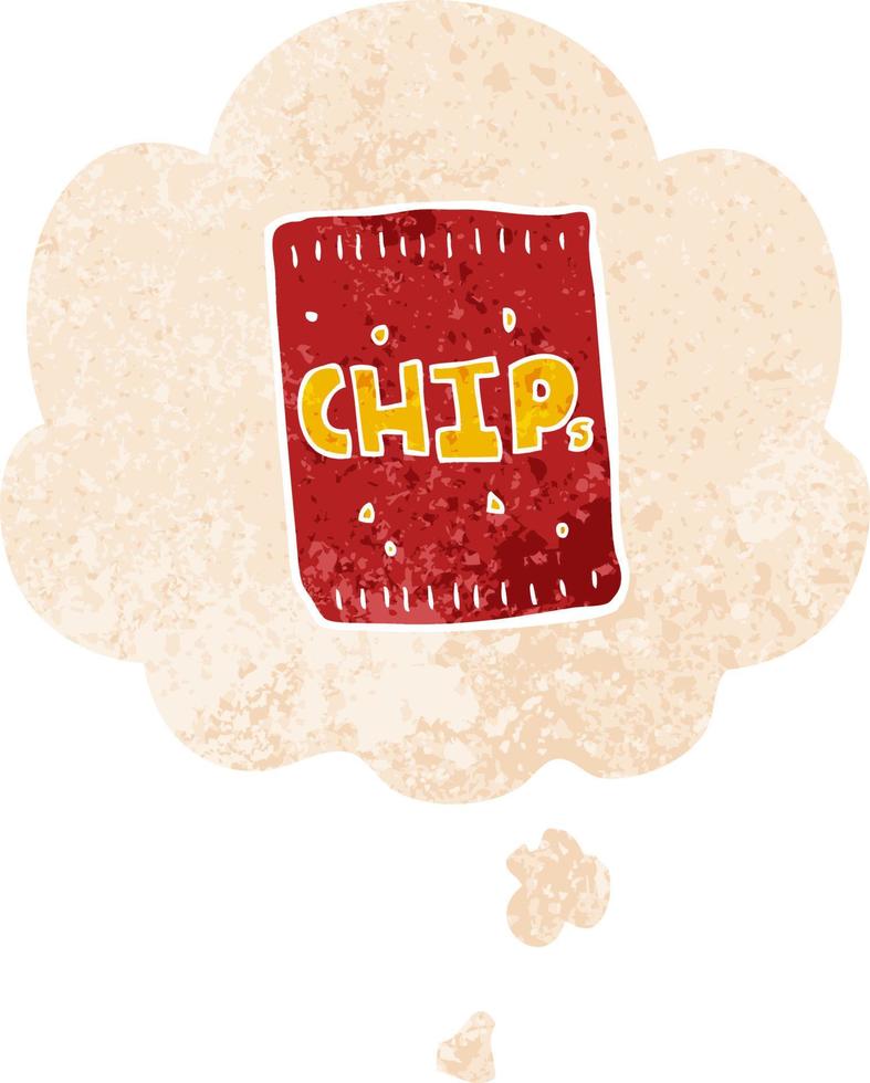 tecknat paket med chips och tankebubbla i retro texturerad stil vektor