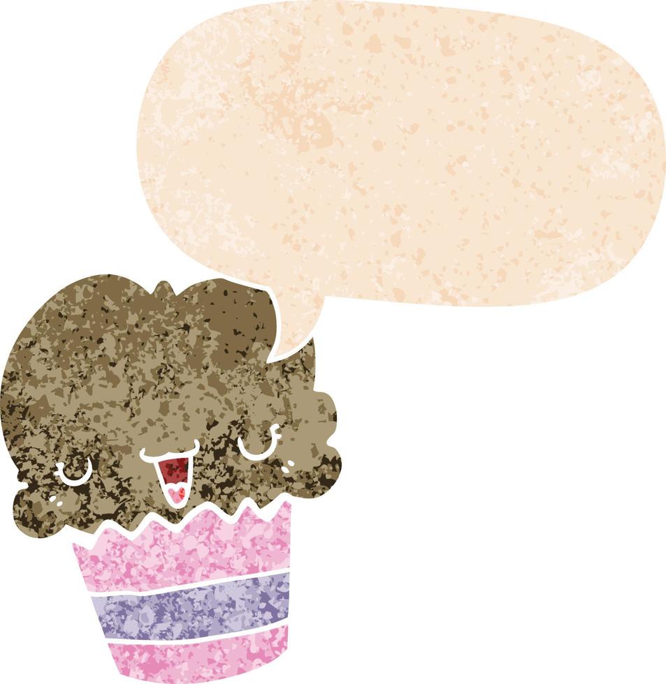 Cartoon-Cupcake mit Gesicht und Sprechblase im strukturierten Retro-Stil vektor