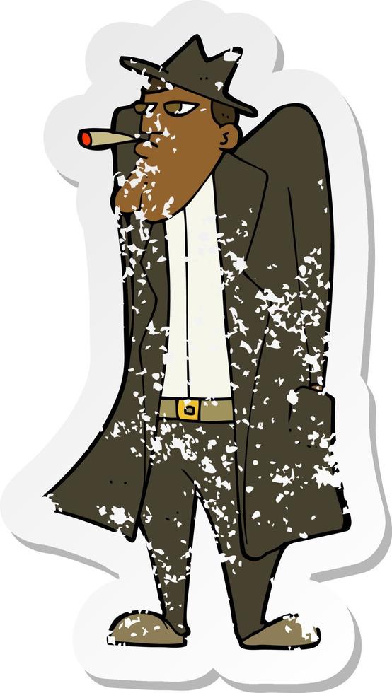 Retro-Distressed-Aufkleber eines Cartoon-Mannes mit Hut und Trenchcoat vektor