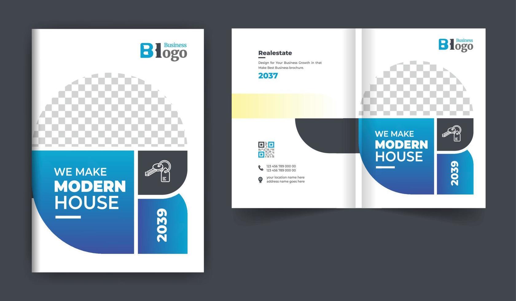 fastigheter eller byggföretag broschyr omslag design tema mall. abstrakt färgglad kreativ och modern dubbelvikt flersidig layout vektor
