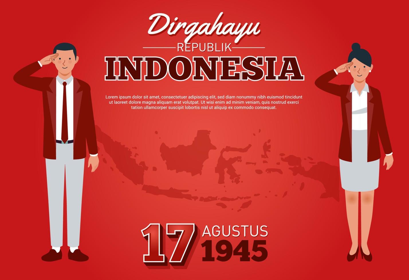 ein paar indonesische männer und frauen in rot-weißer kleidung grüßen die flagge mit dem hintergrund des indonesischen archipels, um an indonesiens unabhängigkeitstag zu erinnern. vektor