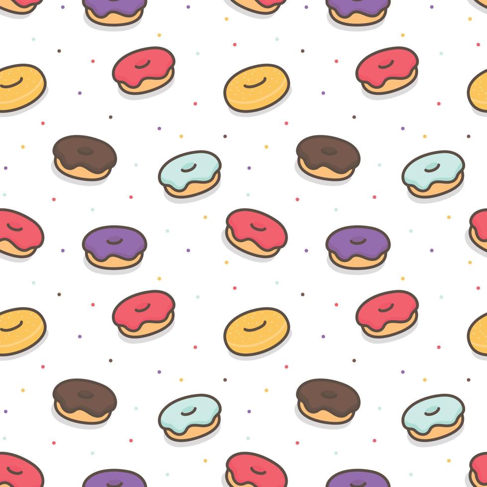 bunte donuts bestreut mit zucker nahtloses muster geschenkpapier hintergrund kawaii gekritzel flache karikatur vektorillustration vektor