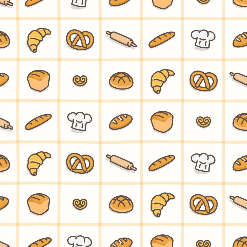 gul french toast bröd bageri sömlösa mönster gåva wrap tapet bakgrund kawaii doodle platt tecknad vektorillustration vektor
