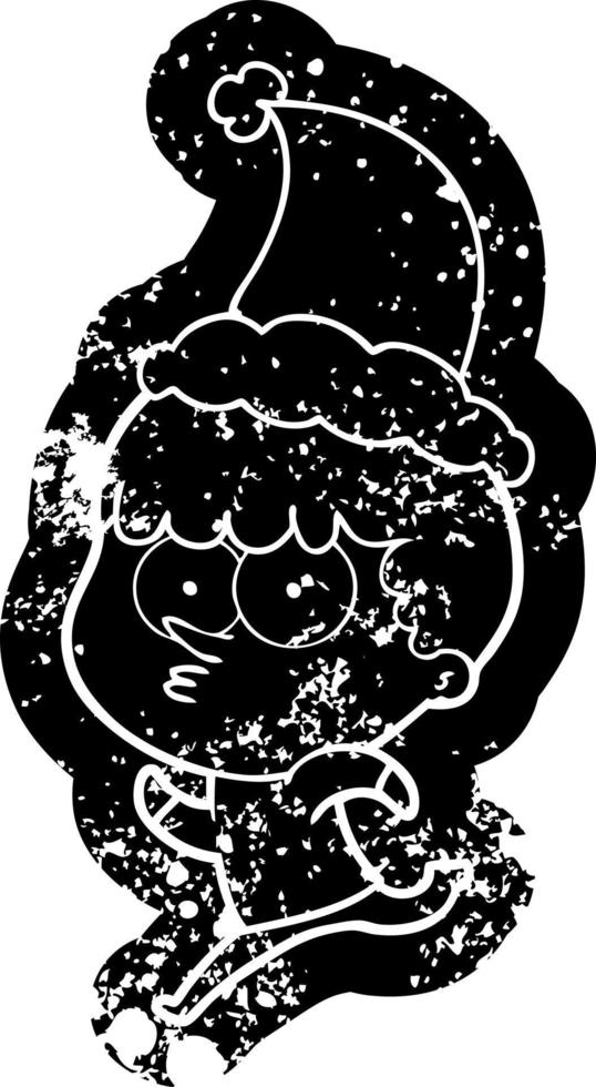Cartoon verzweifelte Ikone eines neugierigen Jungen, der mit Weihnachtsmütze läuft vektor