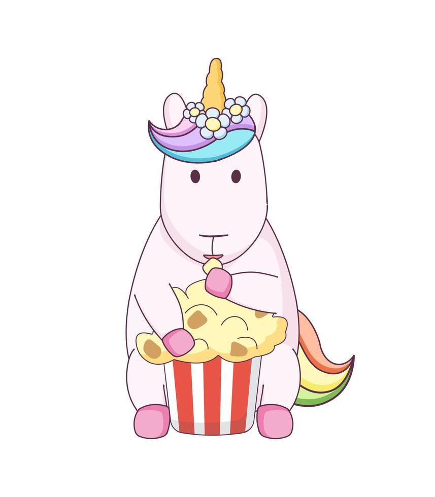 süßes Cartoon-Einhorn mit Popcorn vektor