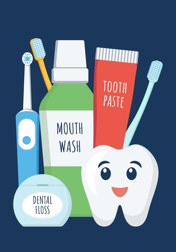 oral och tandvård befruktning. uppsättning tandrengöringsverktyg. tandborste, eltandborste och tandkräm, munvatten, tandtråd. tandhygien. vektor
