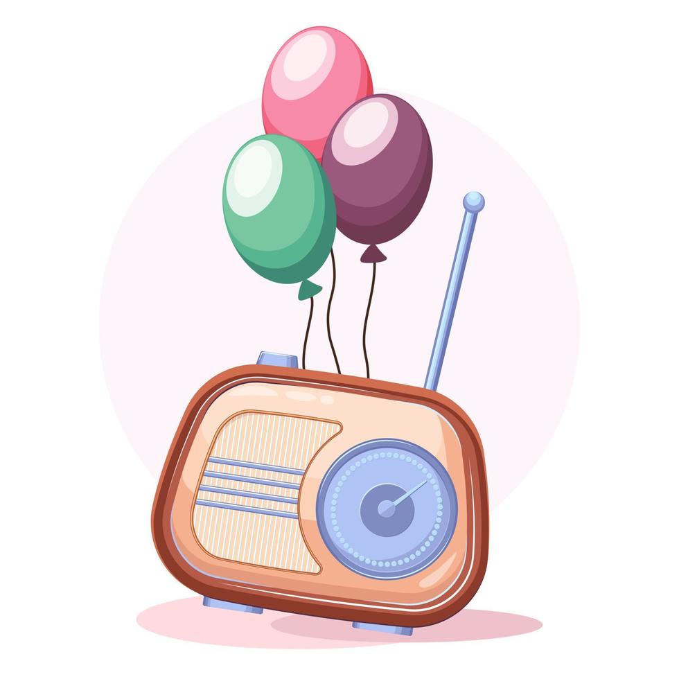 söt retro radio med tårta och ballonger. radio födelsedag bakgrund. vektor