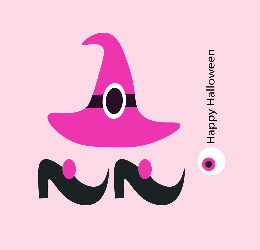 vektor söta halloween kort. häxhatt och skor. doodle samling med juldekorationer. roliga rosa halloween gratulationskort.