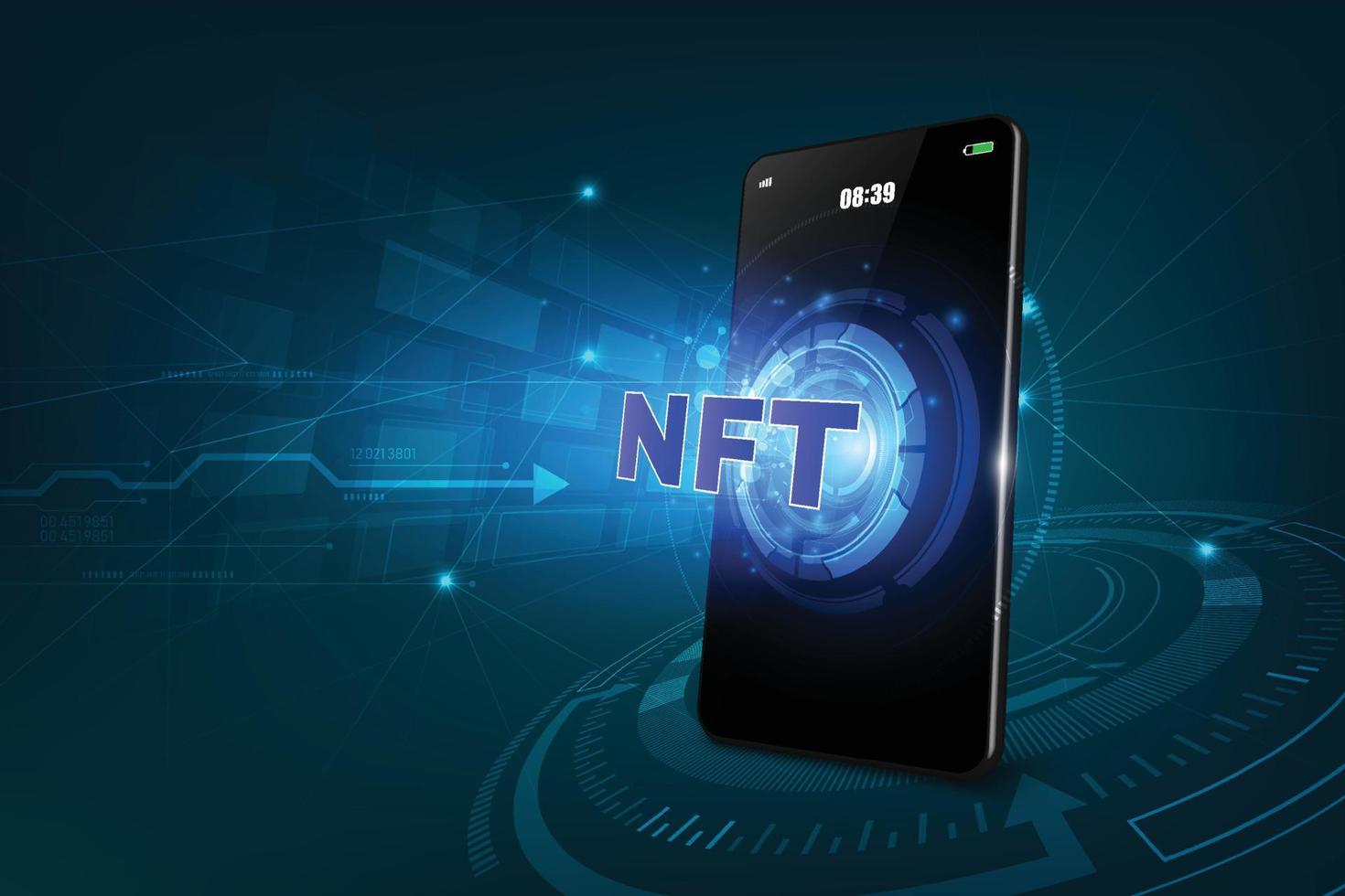 nft-Krypto-Token mit Handy-App. Banner nicht fungibler Token und Smartphone mit App zum Kauf von Kryptokunst. nft-Token in der Blockchain-Technologie. vektor