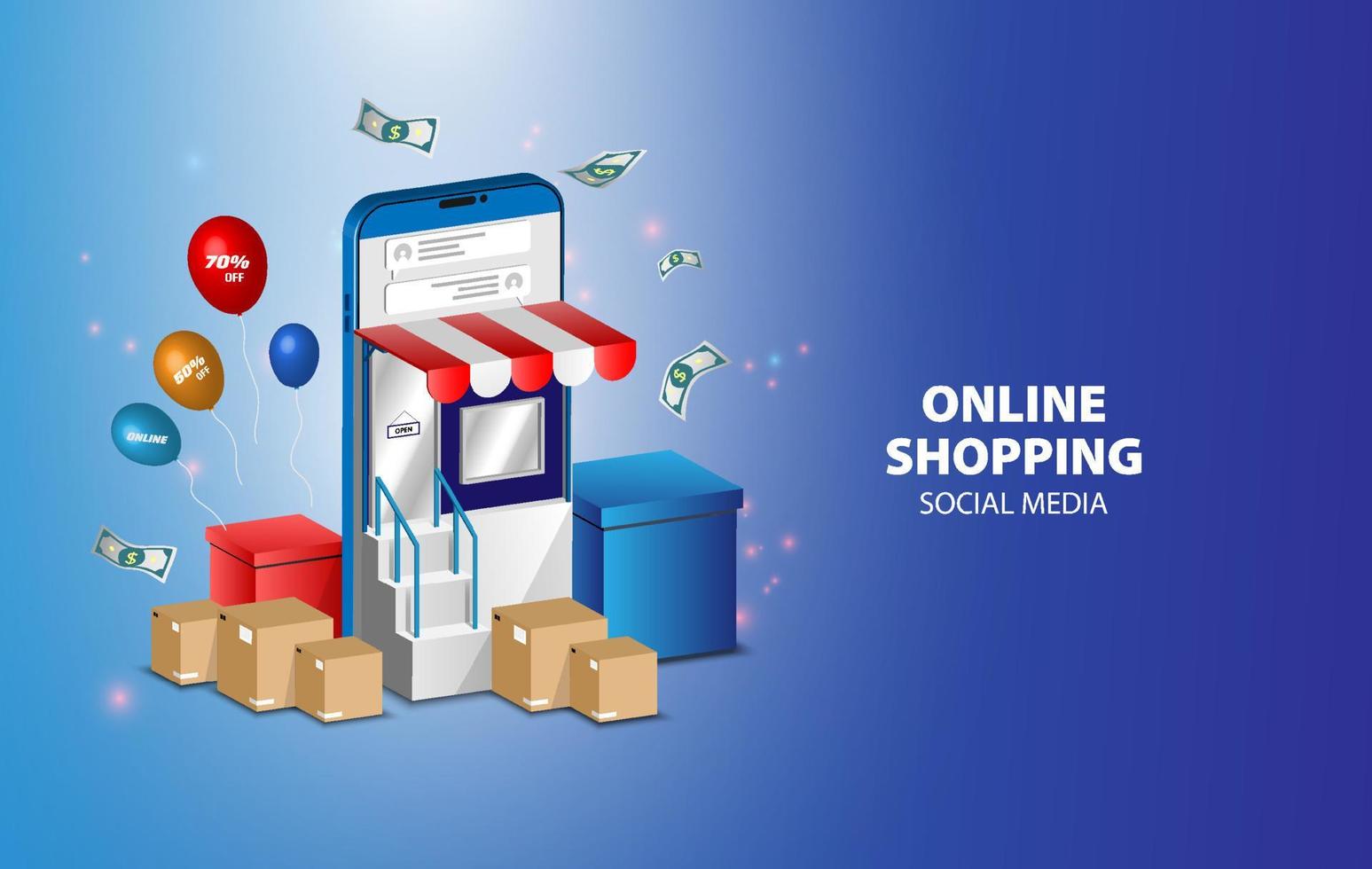 online shoppingbutik med mobil, kreditkort och butikselement. vektor illustration.