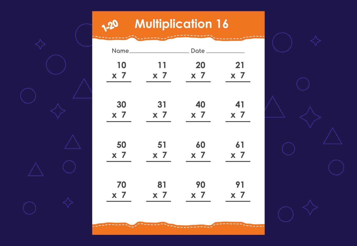 Grundlegende mathematische Multiplikation für Kinder. ein pädagogisches Arbeitsblatt für Kinder. Vektordesign vektor