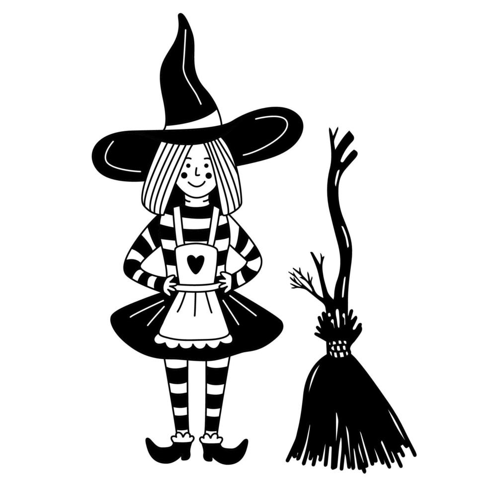kleine süße hexe mit einem besen. hand gezeichnete schwarze vektorillustration. ideal für Halloween-Design. vektor