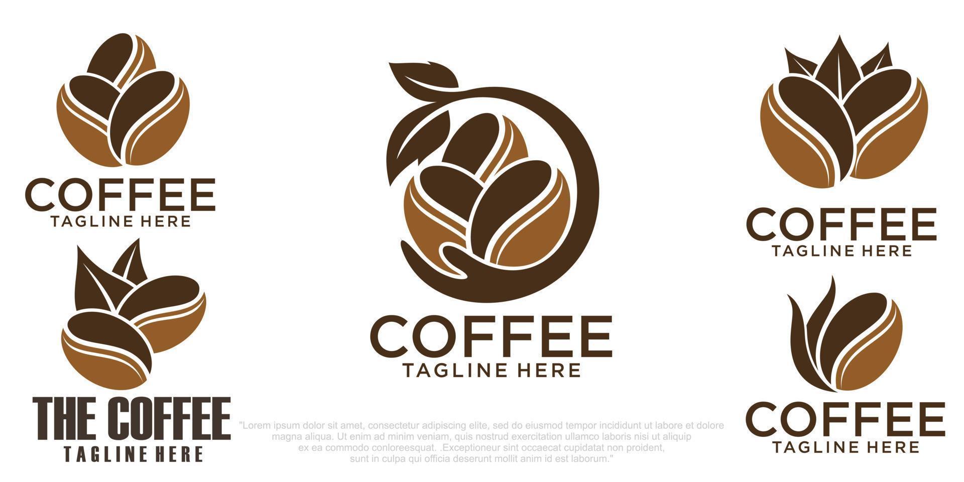 Natur-Kaffee-Logo-Kombinations-Bohne, Blatt und Hand-Icon-Set-Logo-Design-Vorlage vektor