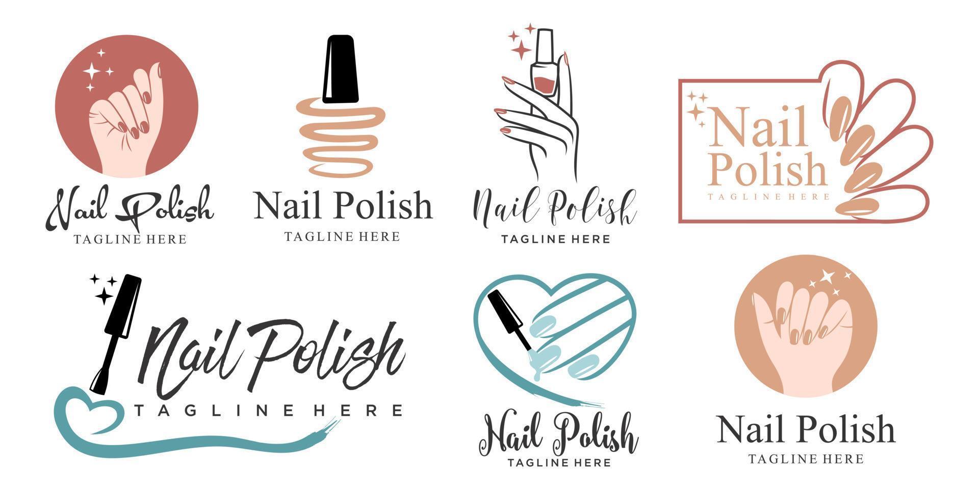 nagelsalong ikonuppsättning logotyp design manikyr vektor design nagellack och kvinnlig finger logotyp