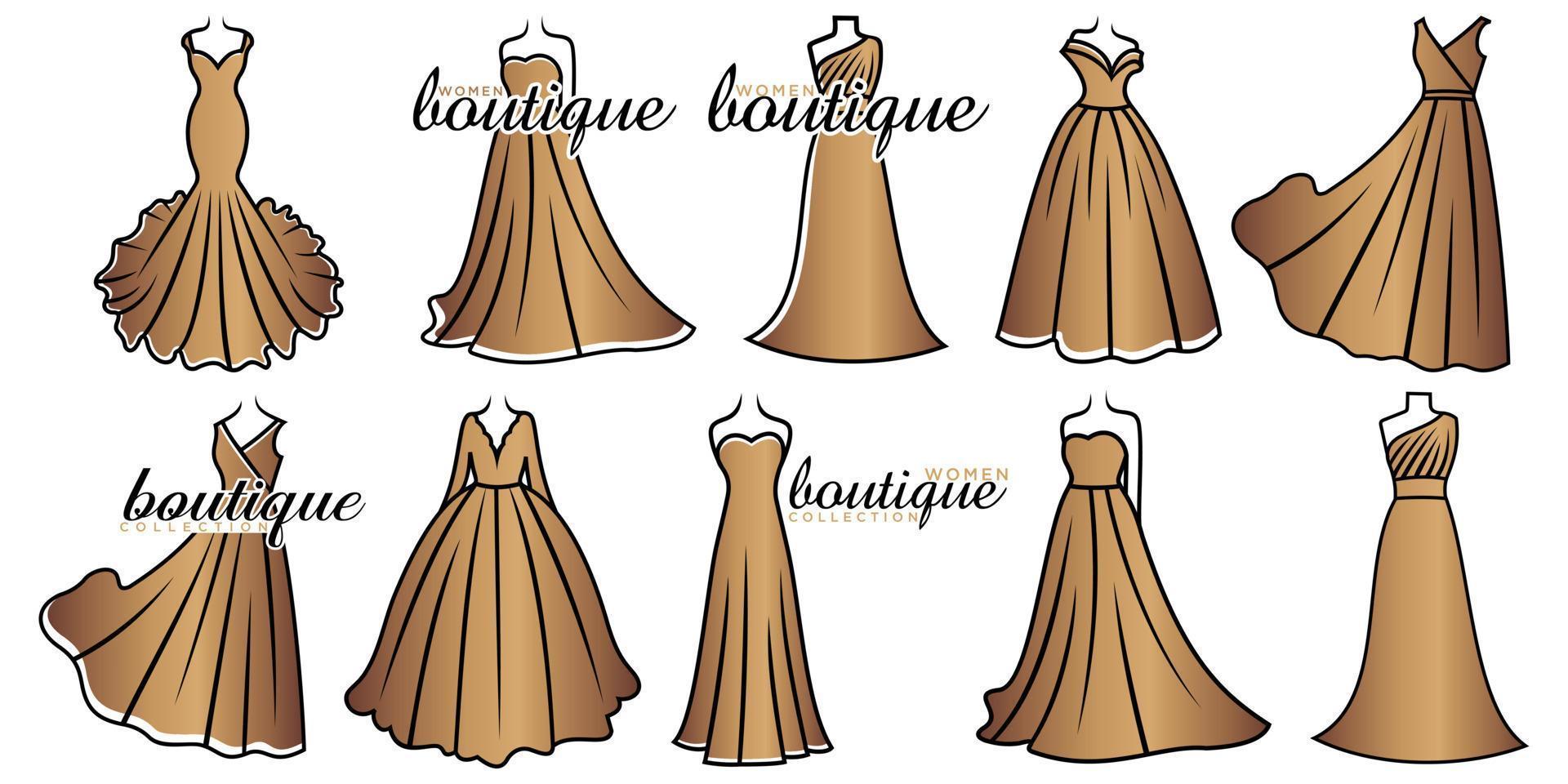 bröllopsklänning boutique brud ikonuppsättning logotyp vektor mall illustration design