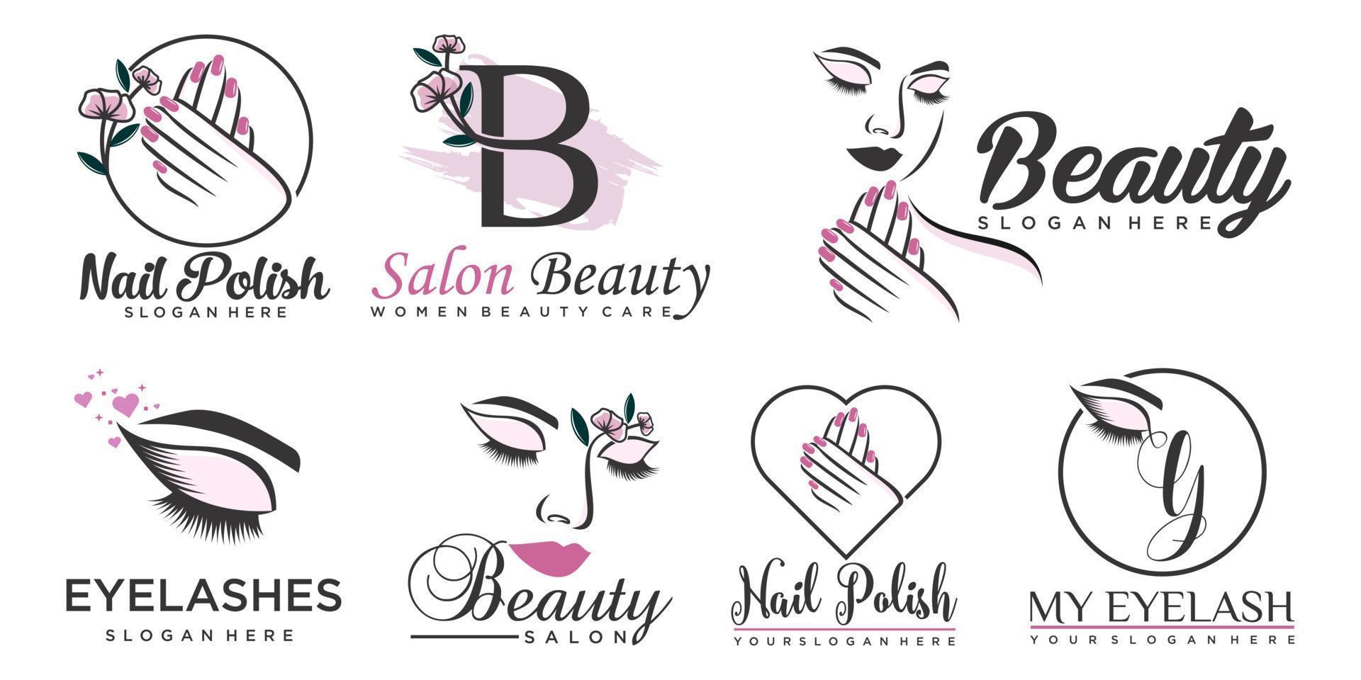skönhet ögonfransförlängning, skönhet kvinnor och nagel ikon set logotyp design vektor