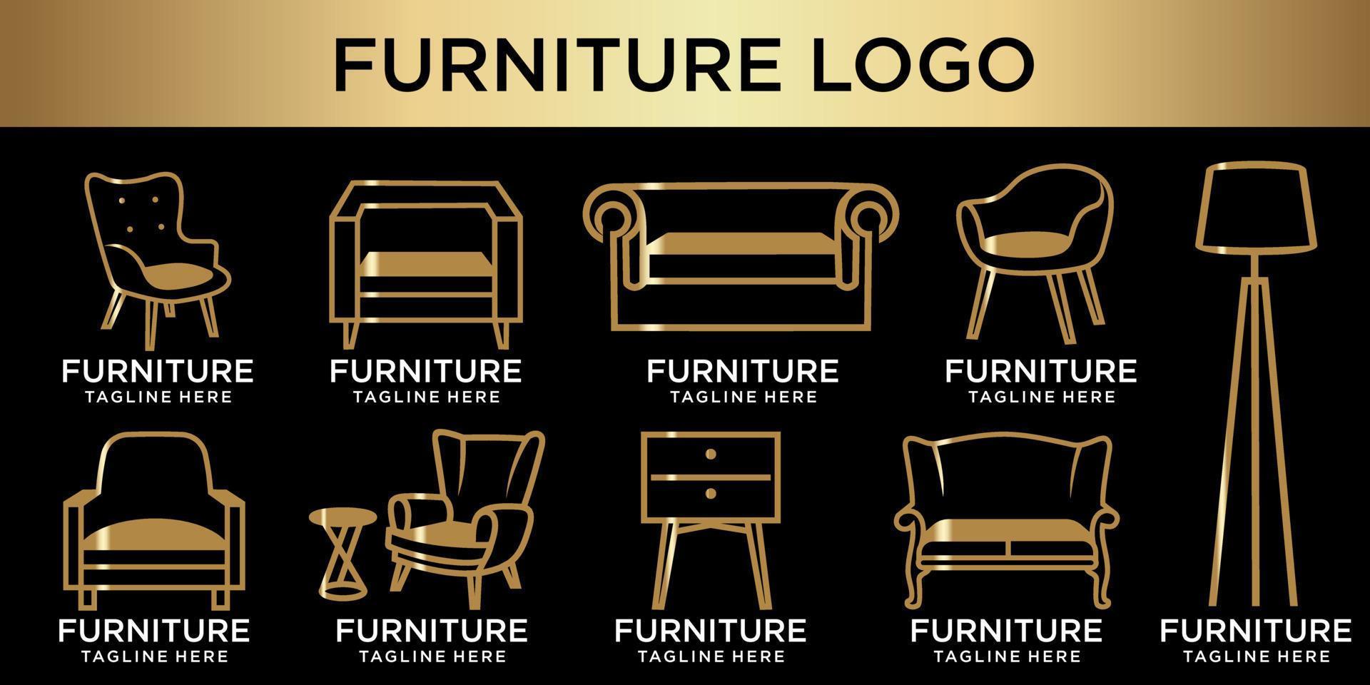 eleganta möbler ikonuppsättning logotyp med gyllene soffa vektor