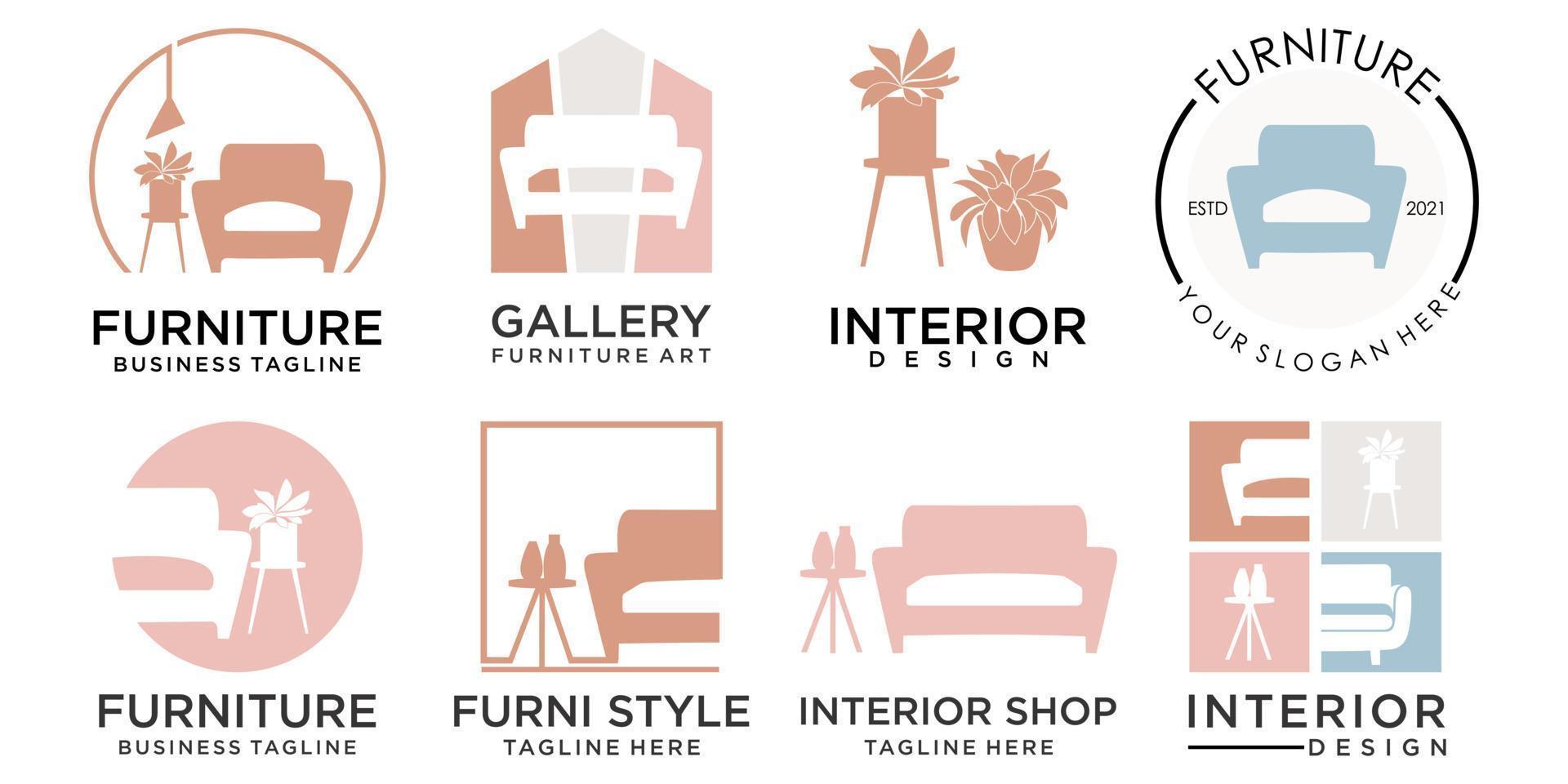 inre rum, möbler galleri ikonuppsättning logotyp design vektor