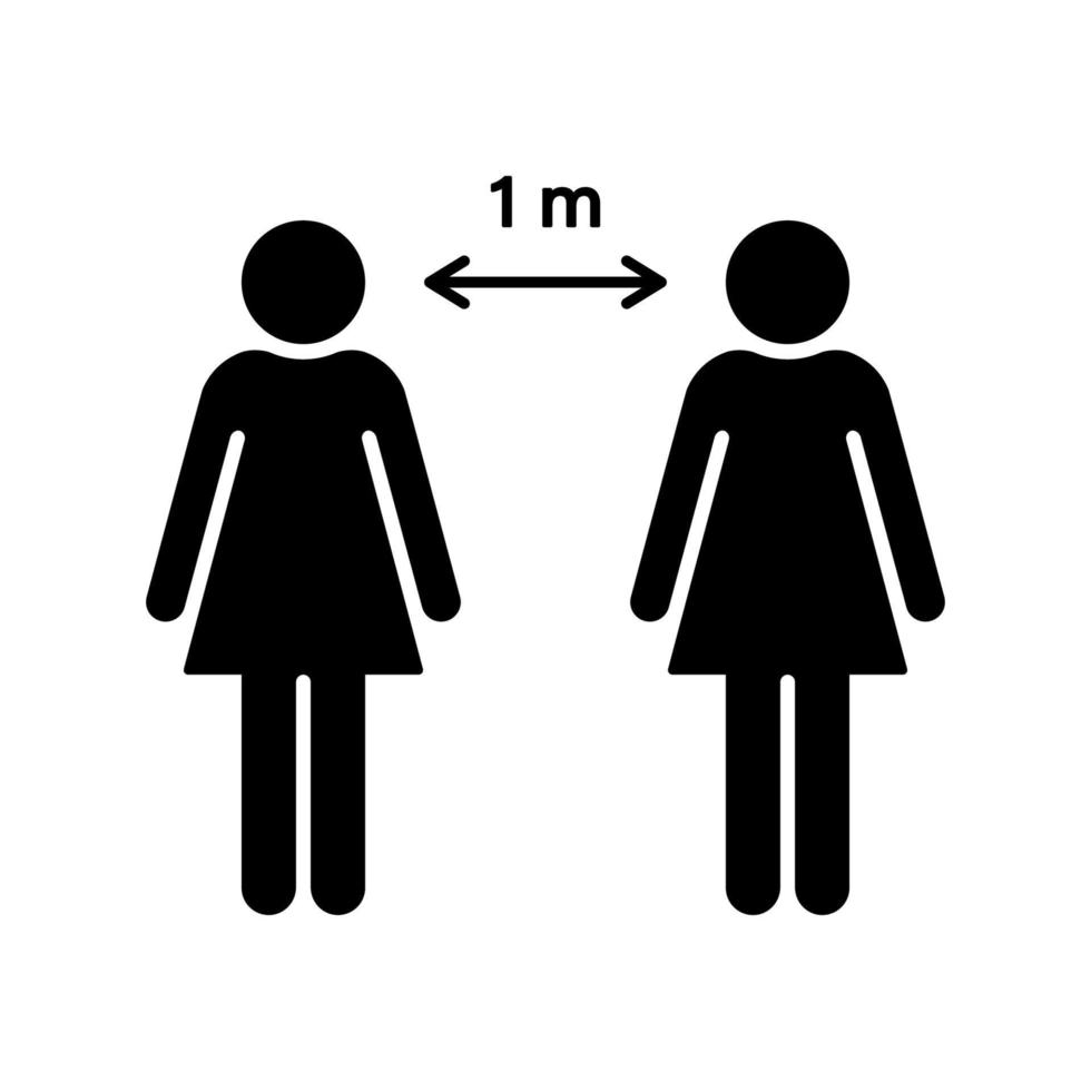 Halten Sie Personenabstand in öffentlichen Versammlungen Pflege menschliches Glyphen-Piktogramm. Symbol für soziale Distanzierung mit schwarzer Silhouette. vorbeugendes grippevirus pandemie schutz menschen flaches symbol. isolierte Vektorillustration. vektor