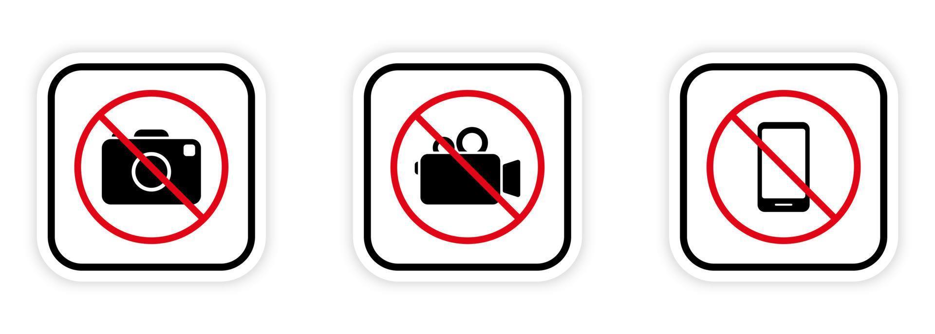 fotografering förbjudet område ikon. ingen video, fotokamera, mobiltelefon svart siluett förbud ikonuppsättning. kamera förbjuden. ej tillåten zon för inspelning av röd stoppsymbol. isolerade vektor illustration.