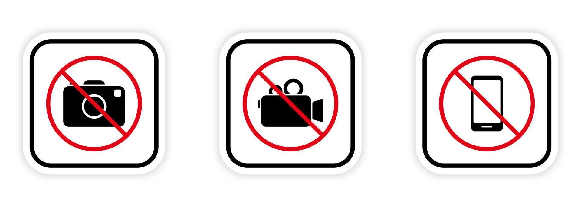 Fotografie verbotener Bereich Symbol. kein video, fotokamera, symbolsatz für schwarze silhouettenverbote für handys. Kamera verboten. nicht zulässige Zone für die Aufnahme rotes Stoppsymbol. isolierte Vektorillustration. vektor