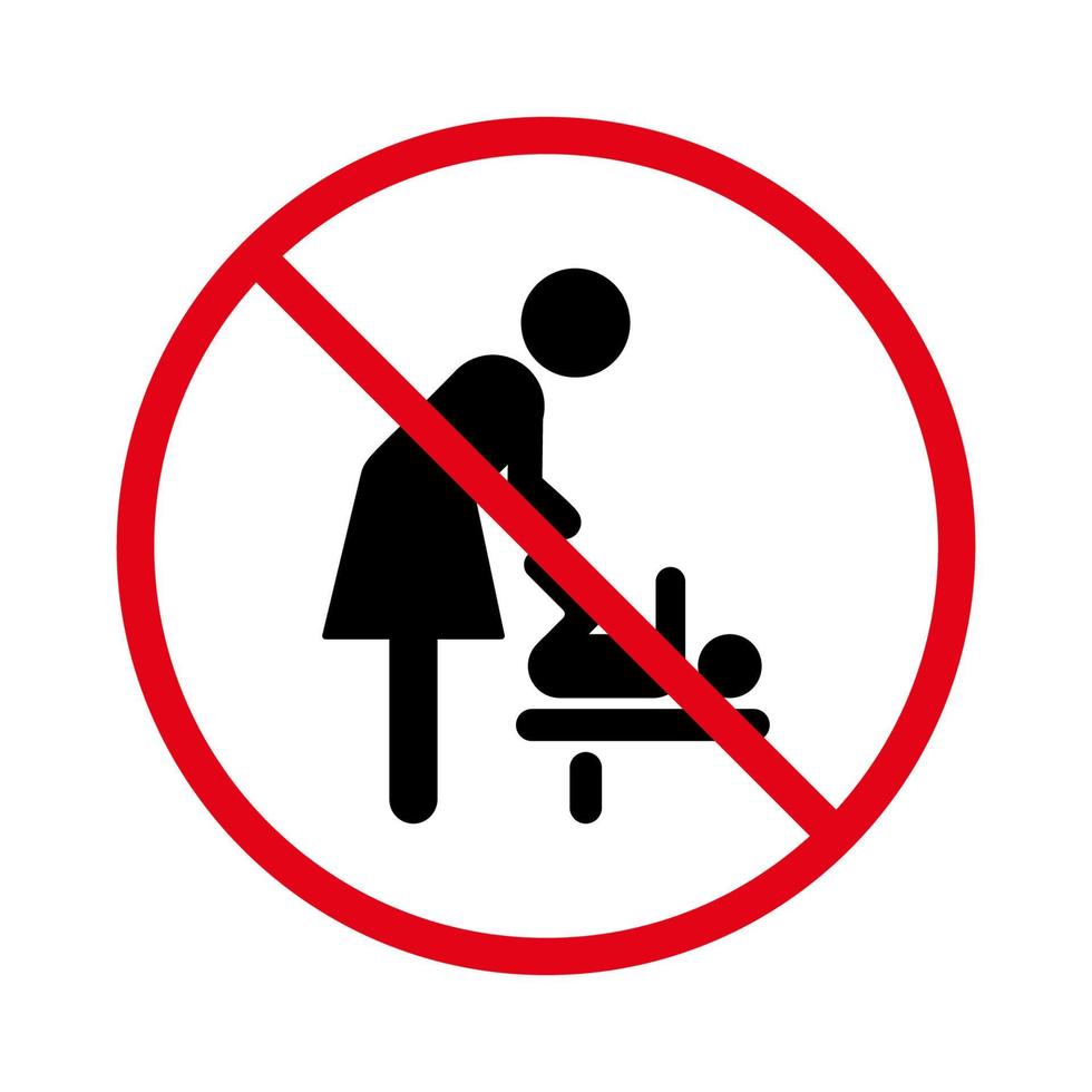 verbotenes mutterwechsel-windelpiktogramm. Verbot Frau Babyzimmer schwarze Silhouette Symbol. verbotszone pflege kind windel rot stop kreis symbol. Kein erlaubtes Mama-Toilettenschild. isolierte Vektorillustration. vektor