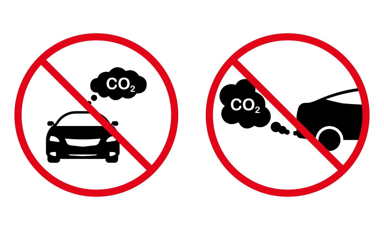 Verbotenes Autoabgas-Co2-Verbot schwarze Silhouettensymbol. Verbotenes Automotor-Gas-Piktogramm. kein Zeichen für zulässige Emissionsverschmutzung. fahrzeug rohr rauch rot stopp kreis symbol. isolierte Vektorillustration. vektor