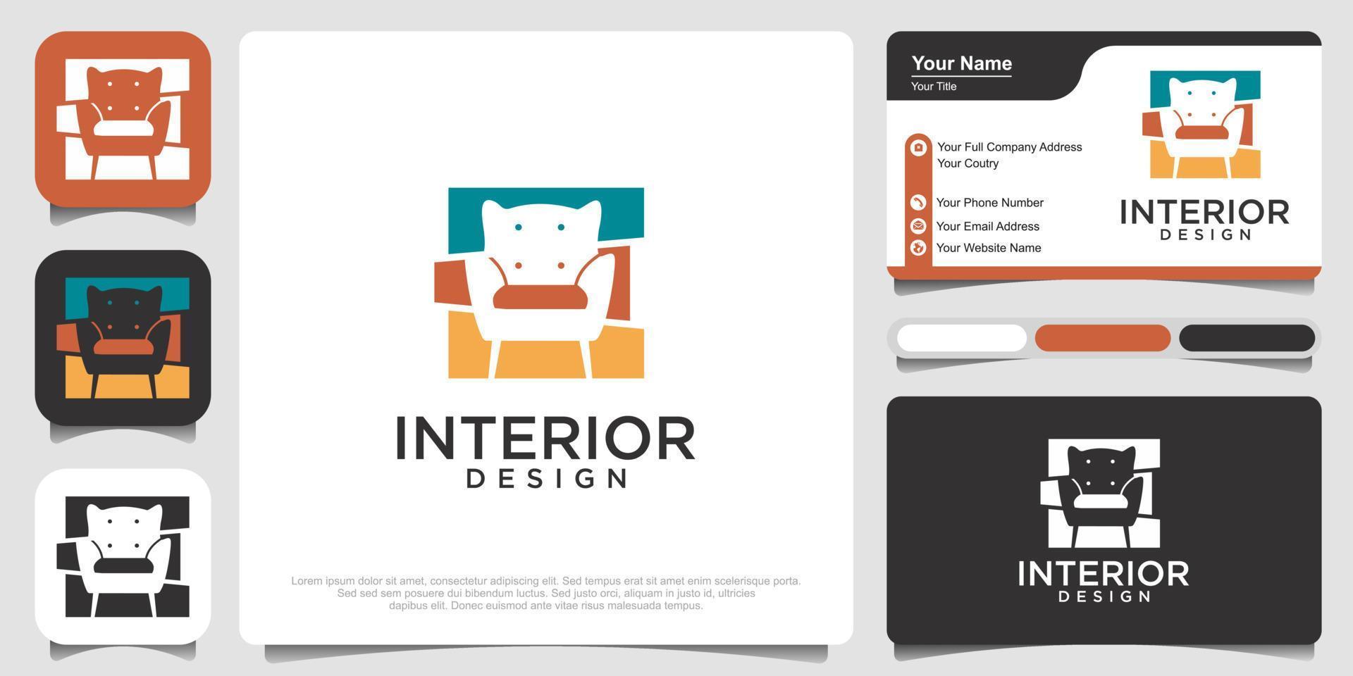 färgglada möbler logotyp. symbol och ikon för stolar, soffor och heminredning med visitkort vektor
