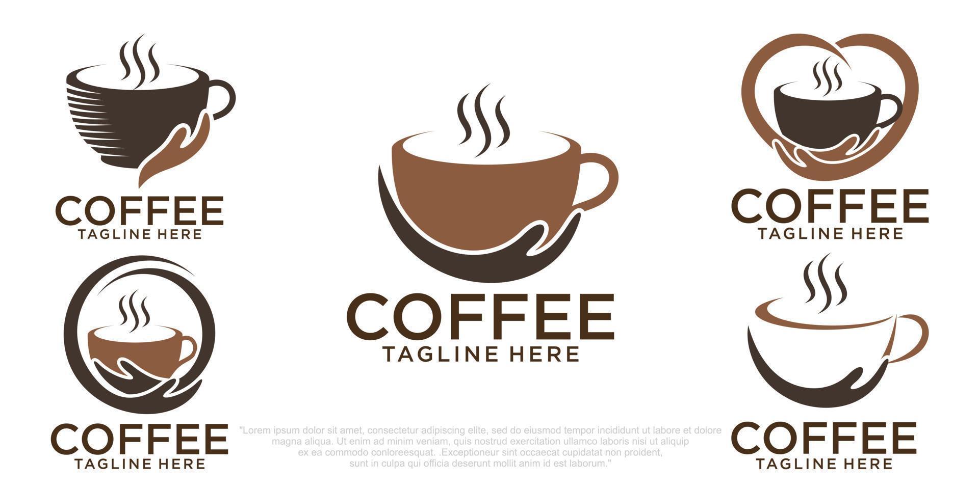 Kaffee-Logo-Design-Vorlage Kombination Tasse und Hand, einfache Icon-Set-Logos vektor