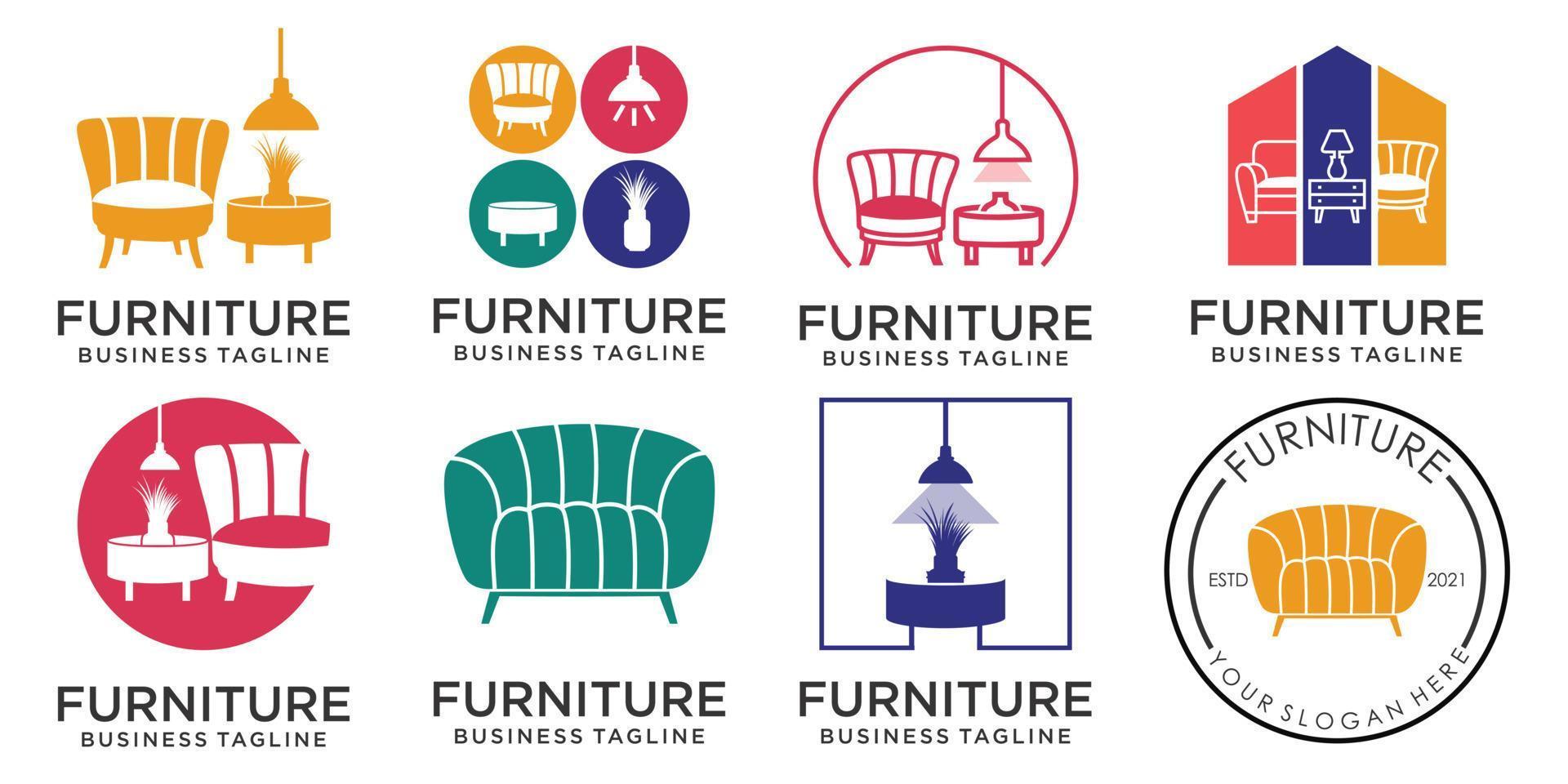 färgglada möbler logotyp. symbol och ikonuppsättning av stolar, soffor, bord och heminredning. vektor