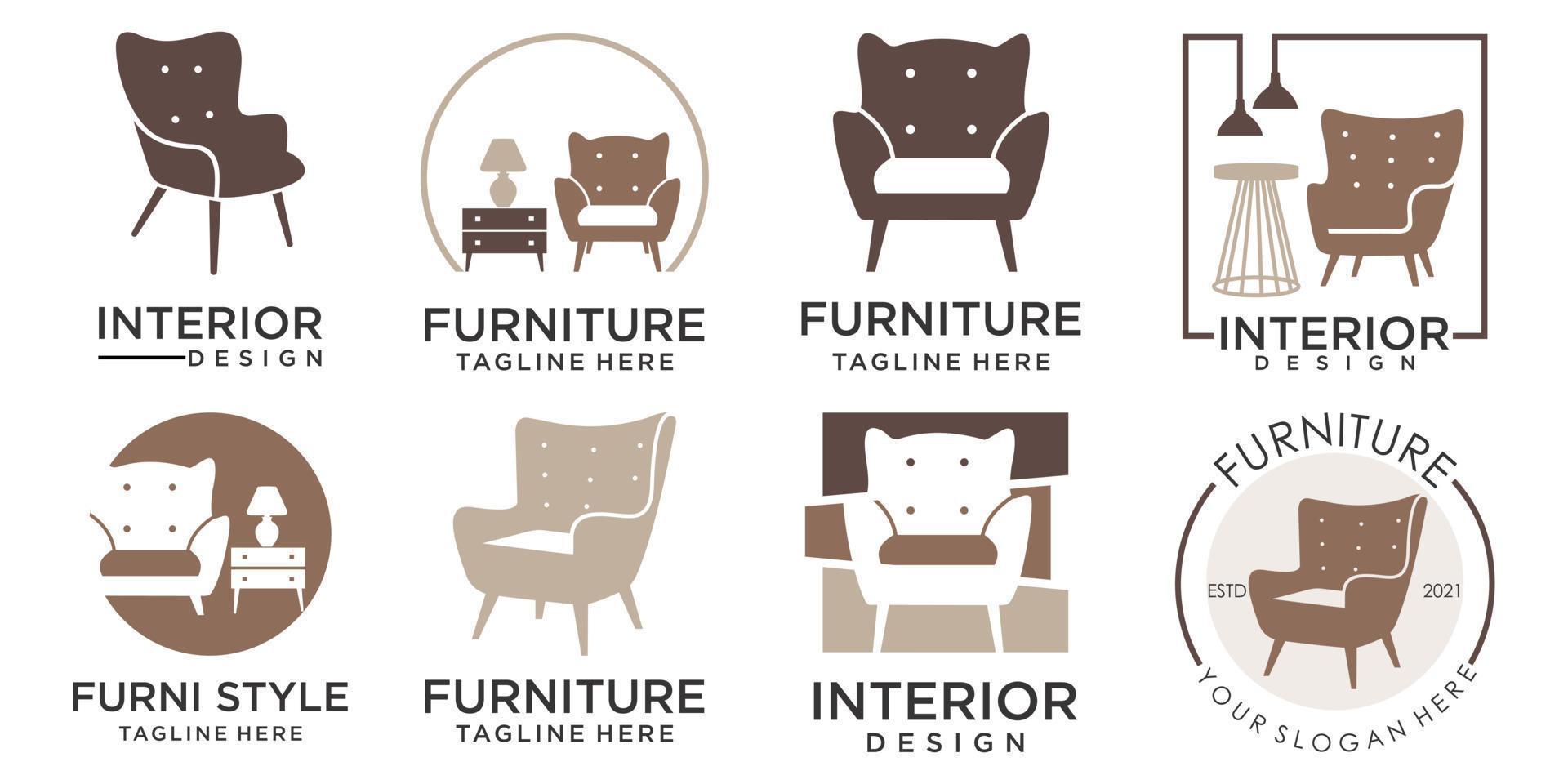 abstraktes Möbel-Icon-Set-Logo-Design-Konzept. symbol und symbol für stühle, sofas, lampen und tische vektor