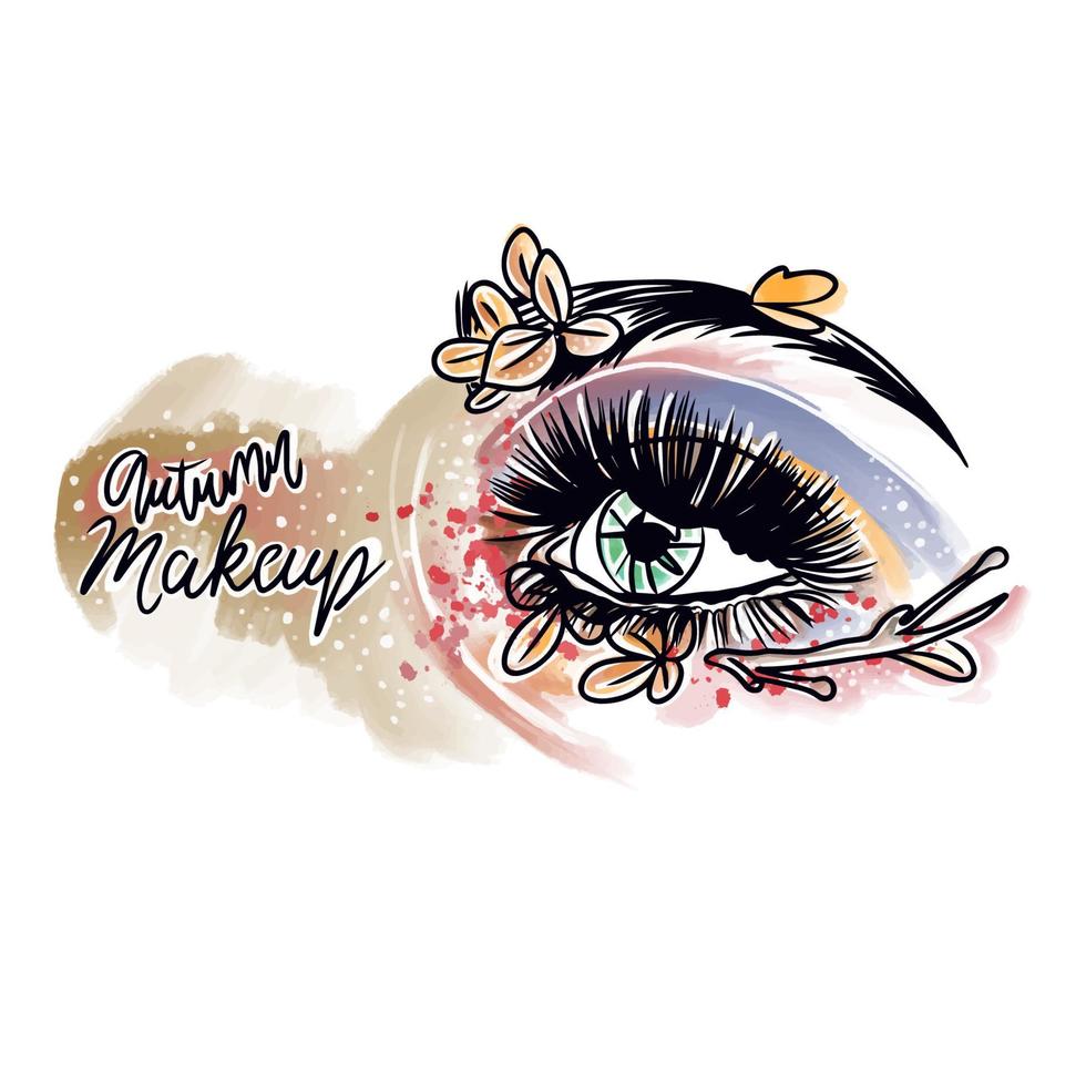Herbst Make-up, handgeschriebener Schriftzug, Augen mit langen Wimpern, Blumen vektor
