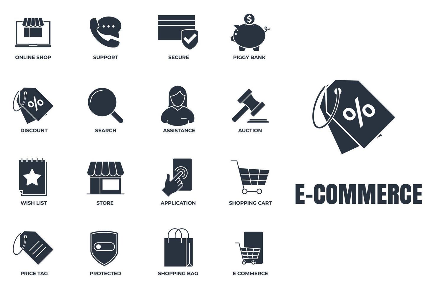 Satz von E-Commerce-Symbol-Logo-Vektorillustration. Warenkorb, Wunschliste, Sparschwein, Suche, sicheres, geschütztes Schild und mehr Paketsymbolvorlage für Grafik- und Webdesign-Sammlung vektor