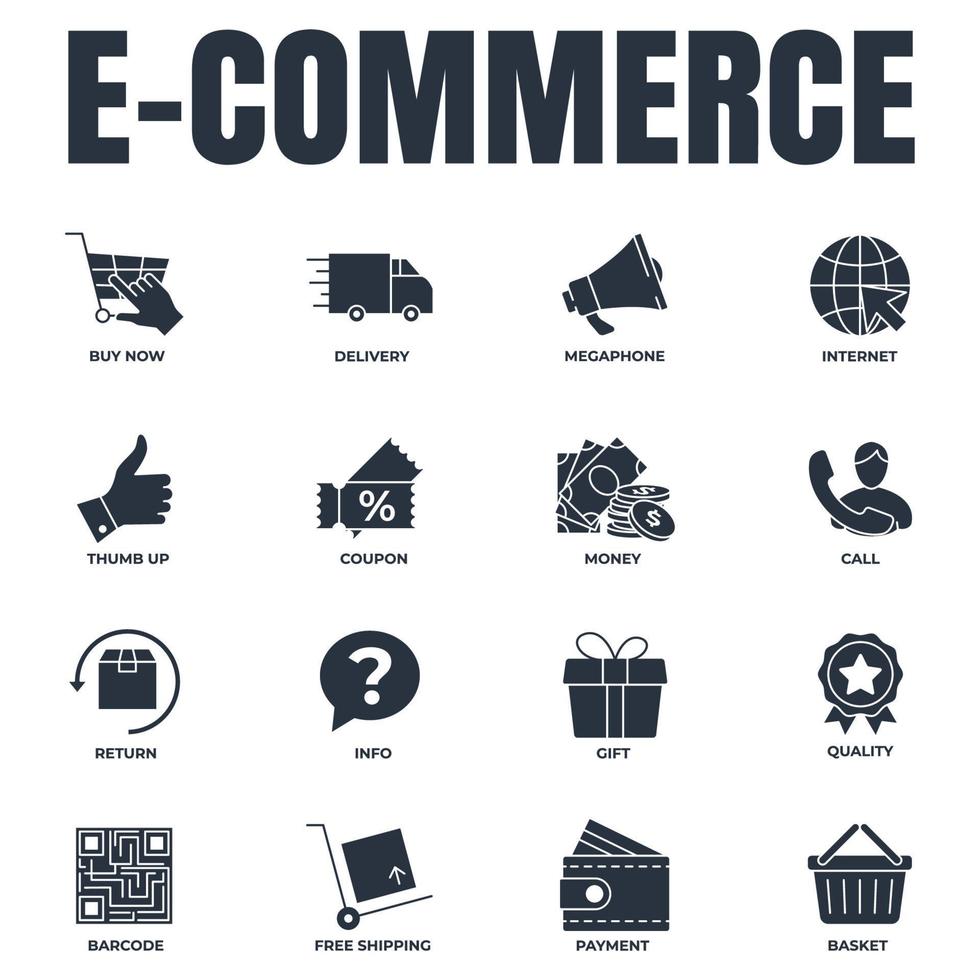 Satz von E-Commerce-Symbol-Logo-Vektorillustration. korb, megaphon, rückgabe, geschenk, qualität, lieferwagen und mehr paketsymbolvorlage für grafik- und webdesignsammlung vektor