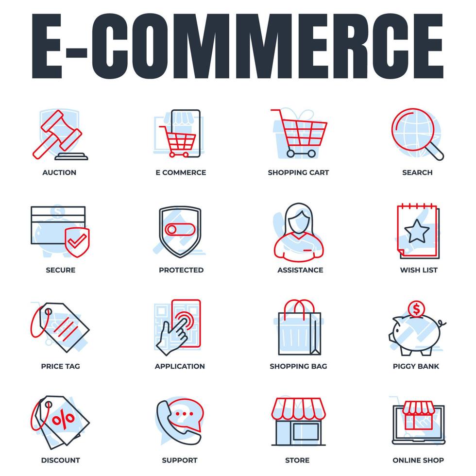 Satz von E-Commerce-Symbol-Logo-Vektorillustration. Warenkorb, Wunschliste, Sparschwein, Suche, sicheres, geschütztes Schild und mehr Paketsymbolvorlage für Grafik- und Webdesign-Sammlung vektor