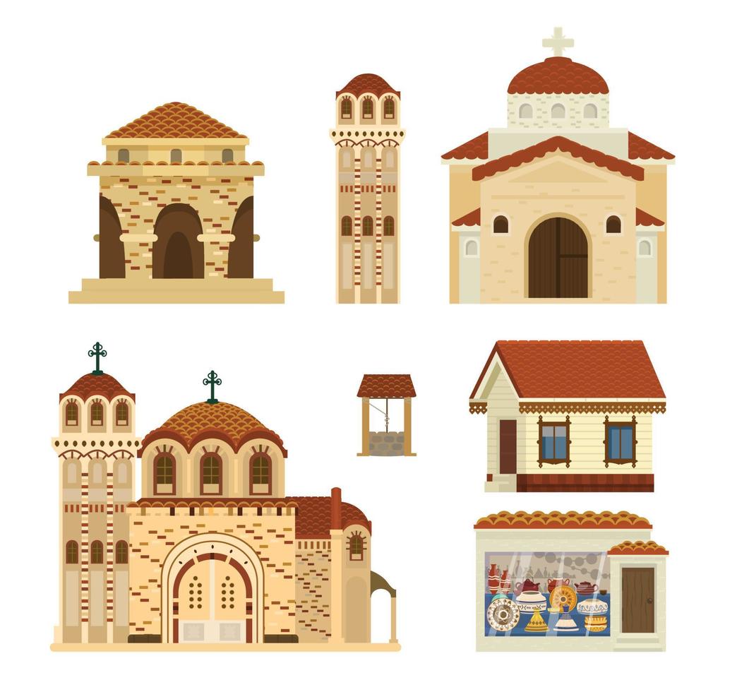 Vektorset byzantinischer Gebäude. Antike Architektur. Kirchen, Rotunde, Wohnhaus, Keramikwerkstatt, Turm, Brunnen. Kultur des Nahen Ostens. flache Abbildung. vektor