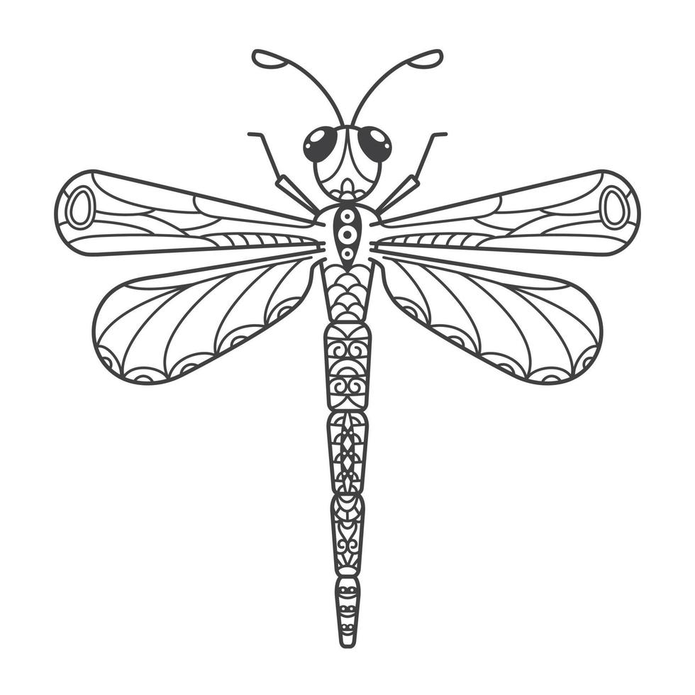 Die Libelle ist mit einem ethnischen Blumenmuster verziert. handgezeichnetes schönes Insekt im Doodle-Stil auf weißem Hintergrund. stilisiertes Mehndi-Ornament zum Tätowieren und Malbuch. vektor