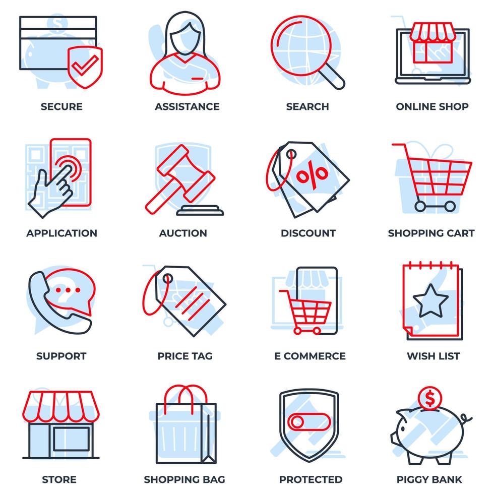 Satz von E-Commerce-Symbol-Logo-Vektorillustration. Warenkorb, Wunschliste, Sparschwein, Suche, sicheres, geschütztes Schild und mehr Paketsymbolvorlage für Grafik- und Webdesign-Sammlung vektor