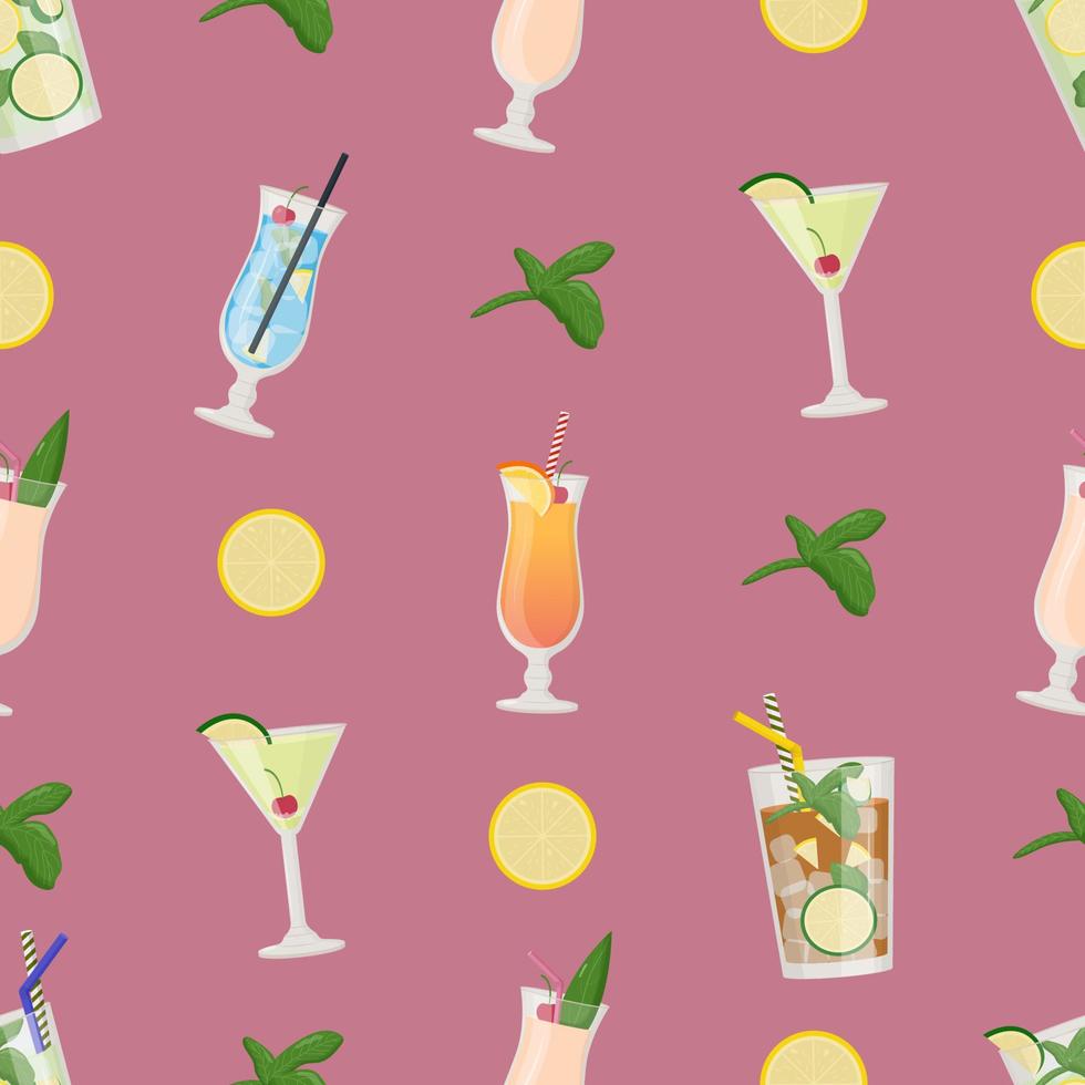 alkoholische getränke im sommer nahtloses muster, tropische cocktails. flache vektorillustration vektor