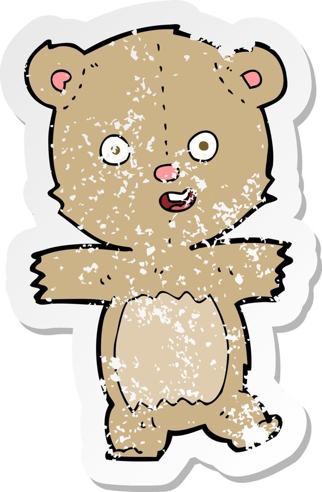 Retro beunruhigter Aufkleber eines Cartoon-Tanzen-Teddybären vektor