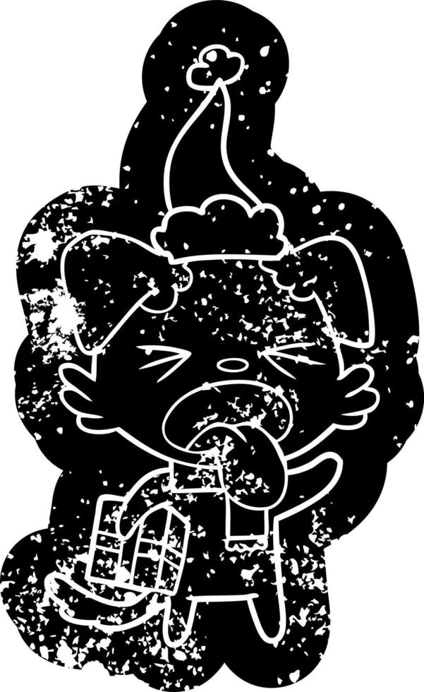 cartoon verzweifelte ikone eines angewiderten hundes mit weihnachtsgeschenk mit weihnachtsmütze vektor