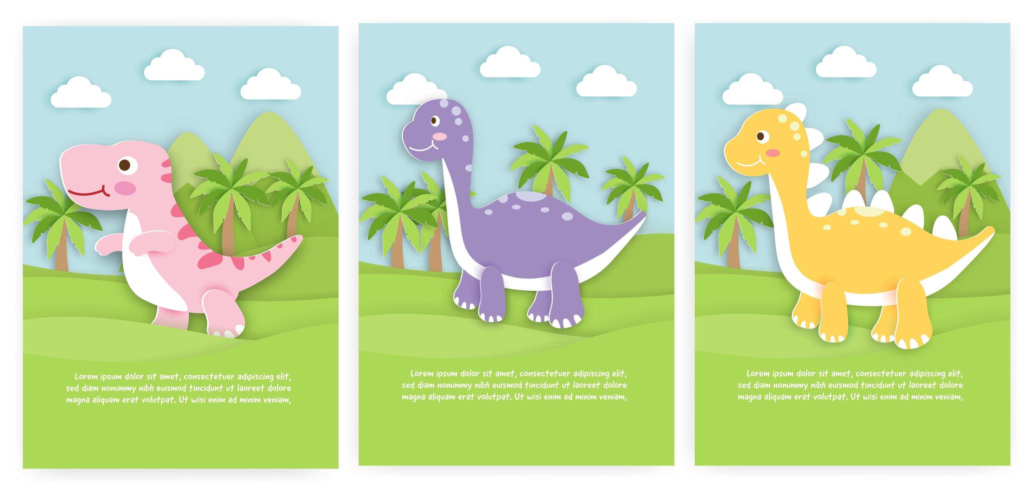 uppsättning kort med pappersskurna dinosaurier vektor